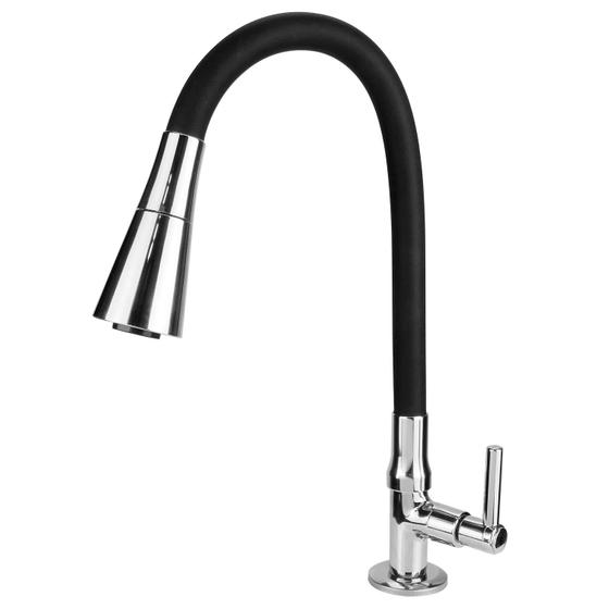 Imagem de Torneira De Cozinha Bancada Mesa Pia Gourmet Jato Duplo Flexível Metal Cone Cromado Cano Preto 1/4 Volta C-66 Cód. 5530