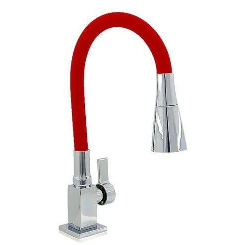 Imagem de Torneira de cozinha quadrada bancada  vermelho silicone  cone cromado luxo 1/4 volta