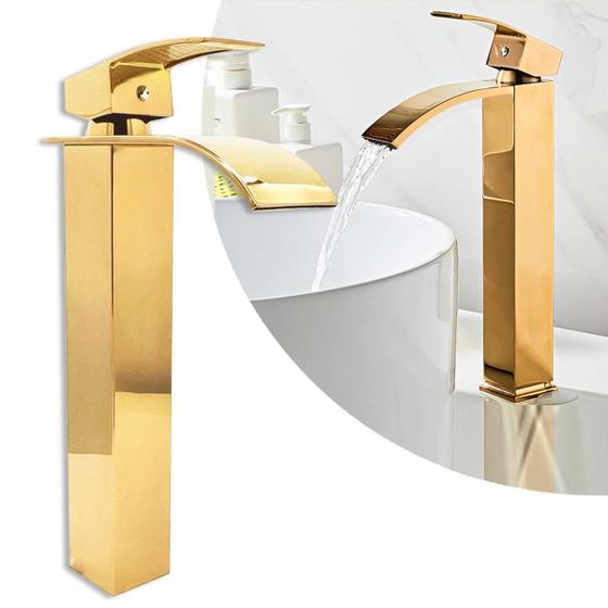 Imagem de Torneira Dourada Cascata Banheiro Bica Alta Monocomando Quente Frio Gold