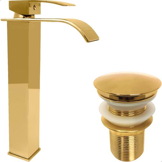 Imagem de Torneira Dourada Pia Banheiro Bica Alta Cascata Valvula Click 1 1/4 Inox Kit Lavabo Gold Luxo Torneira Quadrada Monocomando Misturador Ralo Escoamento