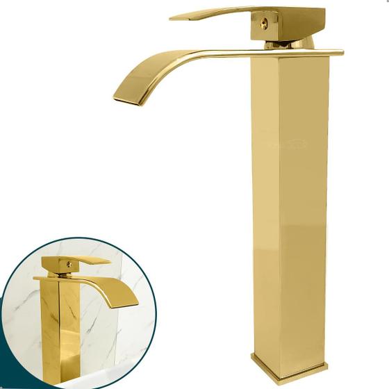 Imagem de Torneira Dourada Pia Banheiro Inox304 Bica Alta Quadrada Cascata Monocomando Misturador Cuba Sobrepor Lavabo Bancada Lavatorio Luxo Ouro Gold Brilhoso