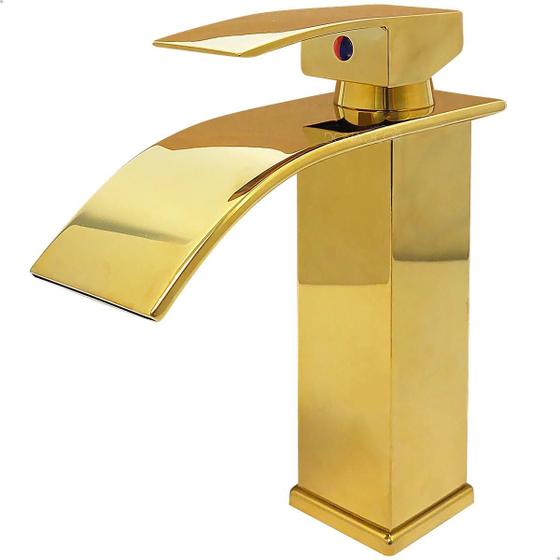 Imagem de Torneira Dourada Pia Banheiro Lavatorio Bica Baixa Quadrada Inox 304 Monocomando Misturador Água Quente Fria Cuba Lavabo Bancada Gold Brilhoso Luxo