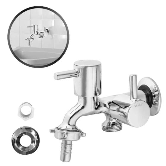 Torneira Duas Saídas 1/2” Para Área De Serviço Maquina De Lavar Tanque Lavanderia Adaptador 3/4” Vol Menor preço em Torneira Duas Saídas 1/2” Para Área De Serviço Maquina De Lavar Tanque Lavanderia Adaptador 3/4” Vol