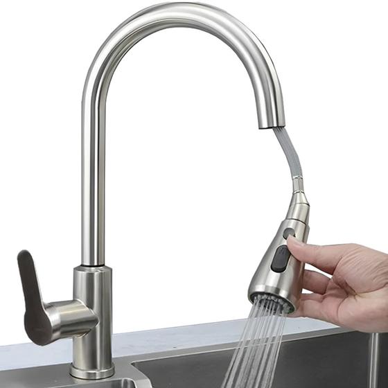 Imagem de  Torneira Gourmet Cozinha Monocomando Extensível de Bancada Pia Pull Down Escovado Misturador 2 Modos Jato Chuveiro