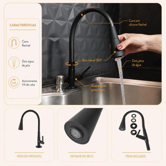 Infográfico detalhando características da torneira gourmet Aromatec como bica 360 graus e cano flexível