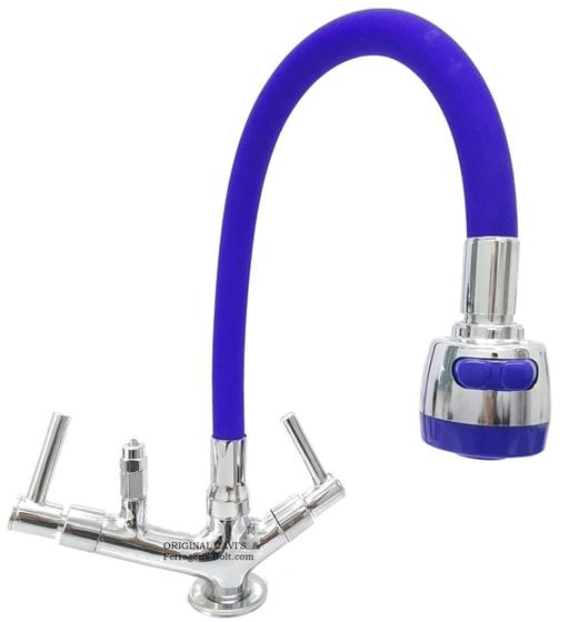 Imagem de Torneira gourmet tubo azul flexível com arejador jato duplo  e com saída para purificador 1/4 bancada