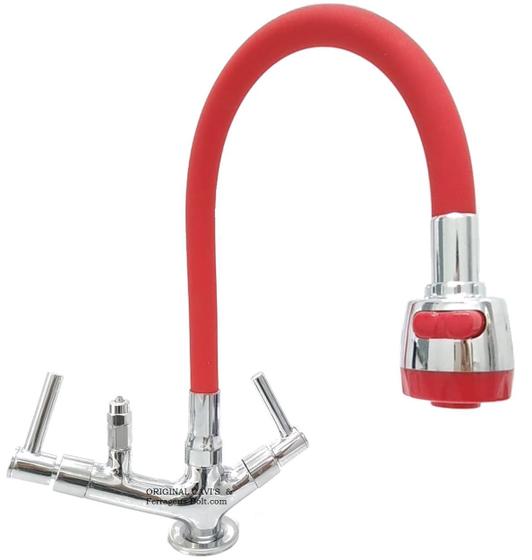 Imagem de Torneira gourmet tubo vermelho flexível com arejador jato duplo  e com saída para purificador 1/4 bancada
