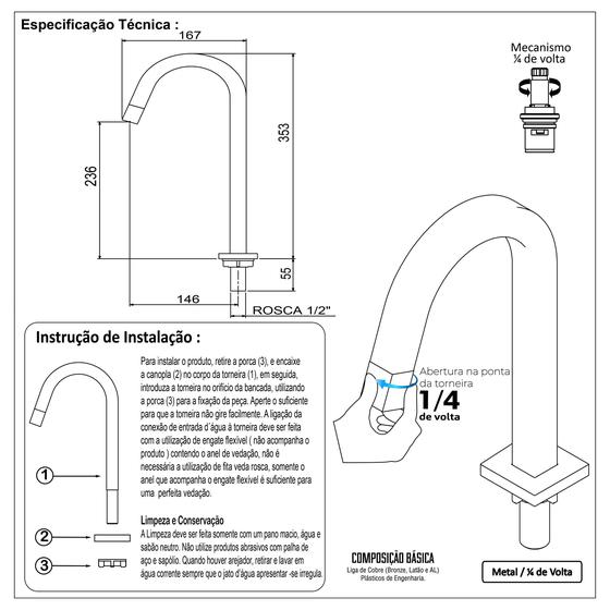 Imagem de Torneira Lavatório Banheiro Dourada Gold Fosca Slim Tube Quadrada Alta Metal Luxo