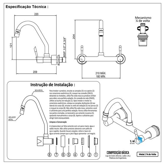 Imagem de Torneira Misturador Cozinha Parede 1/4 De Volta C62