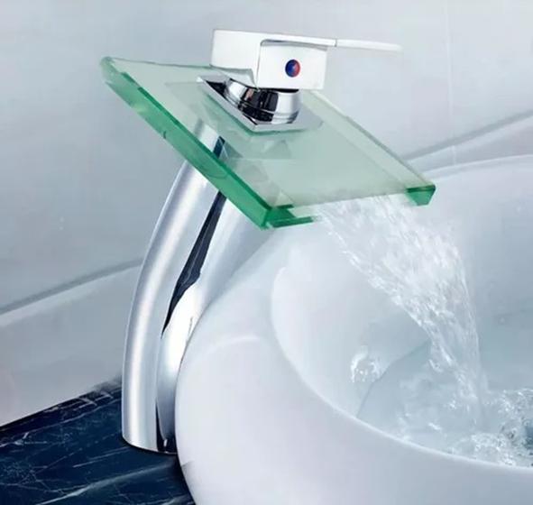 Imagem de Torneira Para Banheiro Monocomando Misturador Cascata Vidro Quadrada Incolor - GM1003