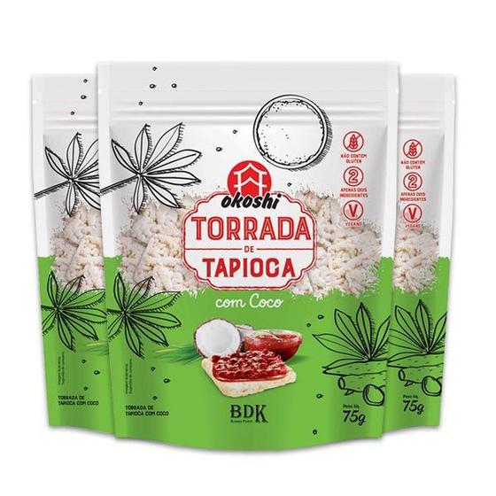 Imagem de Torrada de Tapioca com Coco Sem Glúten, Vegano Okoshi contendo 3 pacotes de 75g cada