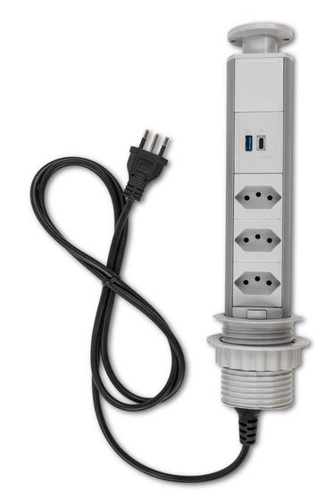 Imagem de Torre De 3 Tomadas Usb A Usb C Multiplug 10a Retrátil Cinza