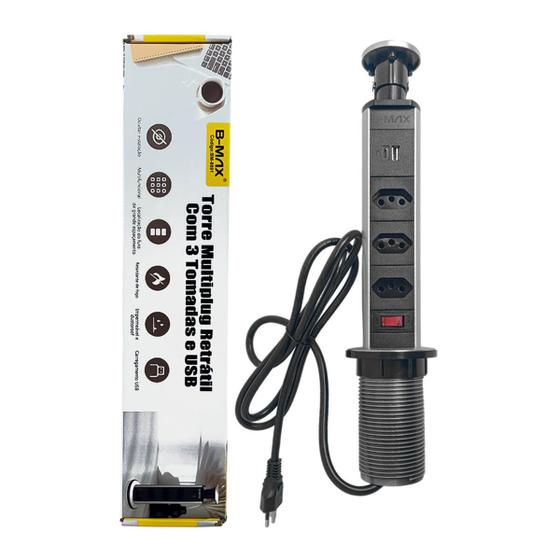 Imagem de Torre de Tomada Multiplug USB Retratil Tipo-C Embutir Mesa
