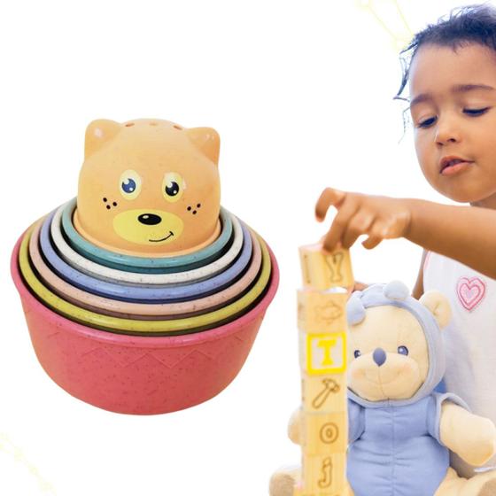 Imagem de Torre Divertida Brinquedo Infantil Encaixe Empilhar Urso Bebe
