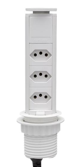 Imagem de Torre Tomada 3 Elétrica 10A - Cozinha - Branco Branca Totem Multiplug Extensão Antichoque Choque Retrátil Embutir Sobrepor em Mesa Bancada ou Móvel