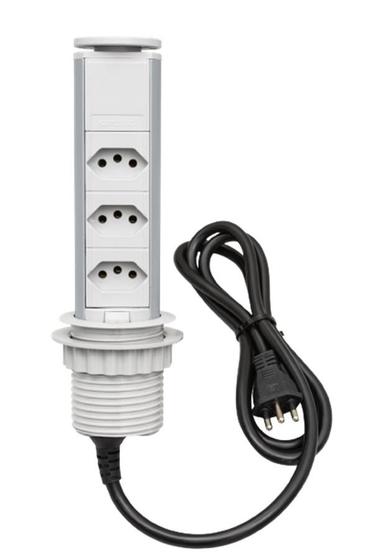 Imagem de Torre Tomada 3 Elétrica 10A - Cozinha - Cinza Totem Multiplug Extensão Antichoque Choque Retrátil Embutir Sobrepor em Mesa Bancada ou Móvel