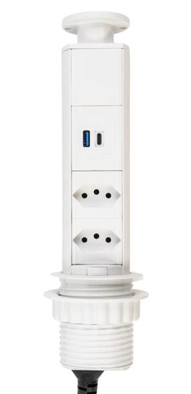 Imagem de Torre Tomada  Embutir 16A 2 USB + 2 Elétrica plugs 10A 16A e 20A - Branco Branca - NBR 3 Pinos Totem Retrátil Sobrepor Mesa Linha