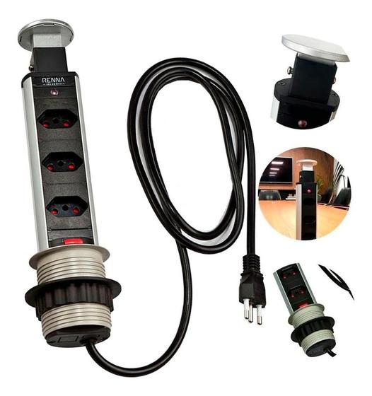 Torre Tomada Multiplug Retrátil Embutir Mesa Bivolt Prata - Renna Menor preço em Torre Tomada Multiplug Retrátil Embutir Mesa Bivolt Prata - Renna