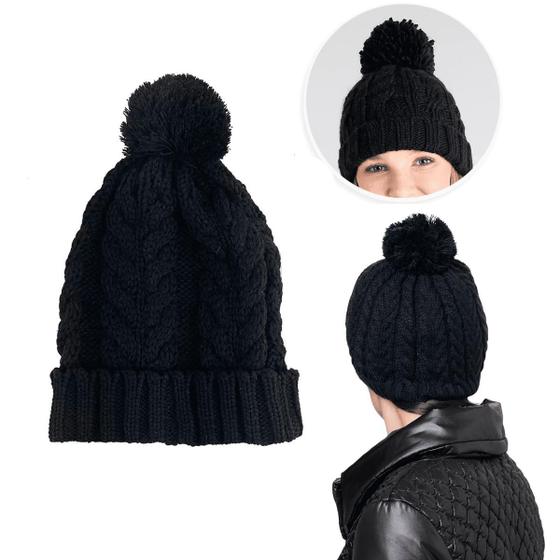 Imagem de Touca De Frio Com Pompom Preta Gorro De Lã Tricot Inverno