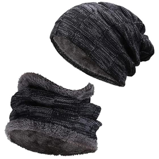 Imagem de Touca Masculina Gorro E Cachecol De Lã Acrílica Para Frio