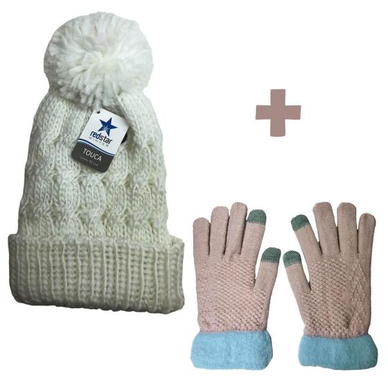 Imagem de Touca Pompom Inverno Feminino E Luva Frio Touch Screen