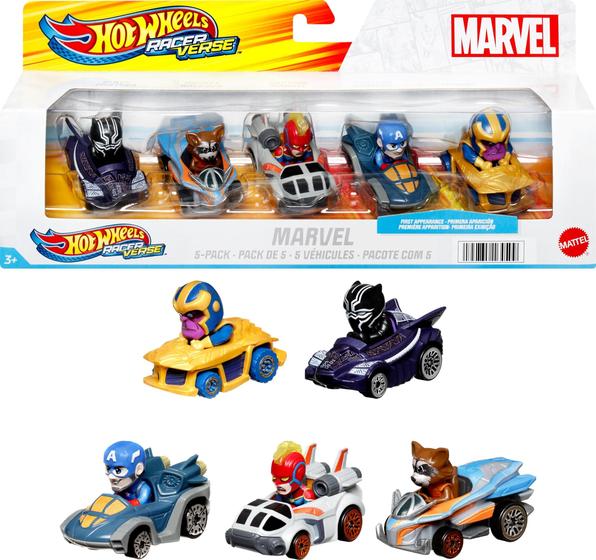 Imagem de Toy Cars Hot Wheels Marvel RacerVerse, pacote com 5, 1:64