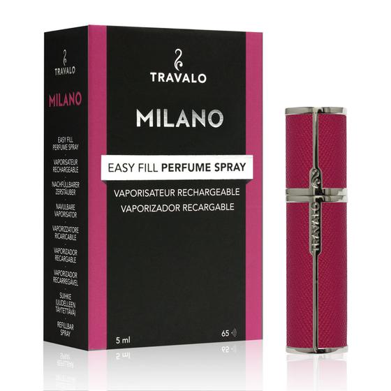 Imagem de Travalo Milano Perfume Atomizador Travel Refill U-Change System TSA Aprovado Reutilizável Fácil Enchimento Fácil Bomba Pulverizador Leve Portátil Vegan Couro w / Metal Polido Outer Shell Hot Pink 0.17oz