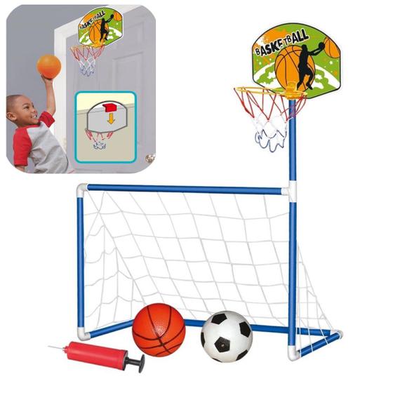 Imagem de Trave Gol Futebol e Basquete Brinquedo 2 Bola Rede e Bomba