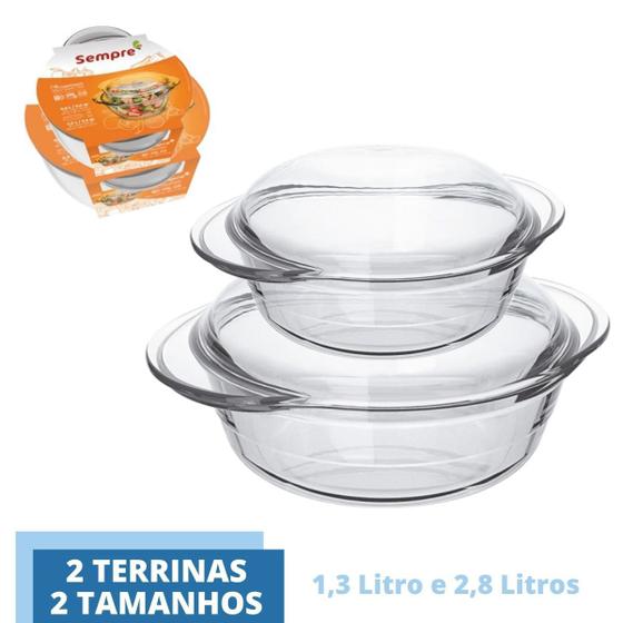 Imagem de Travessa de Vidro Terrina 2 Tamanhos 1,3L e 2,8L Base+Tampa