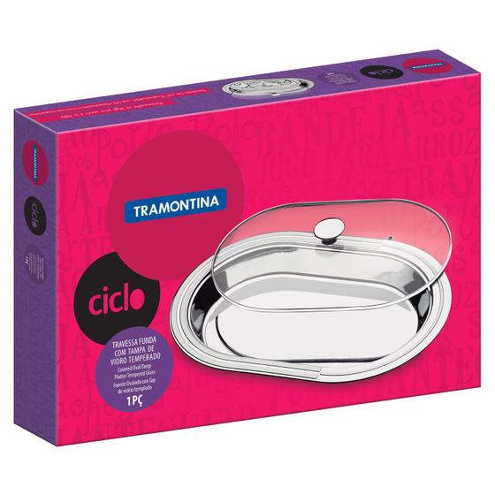 Travessa Funda Ciclo 45 cm em Aço Inox com Tampa de Vidro Tramontina Menor preço em Travessa Funda Ciclo 45 cm em Aço Inox com Tampa de Vidro Tramontina