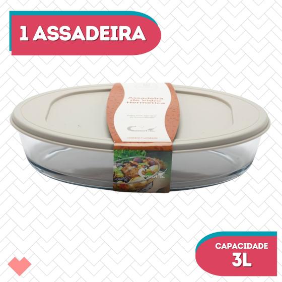 Imagem de Travessa Refratário Oval Com Tampa 3L Vidro Sobremesa Massas
