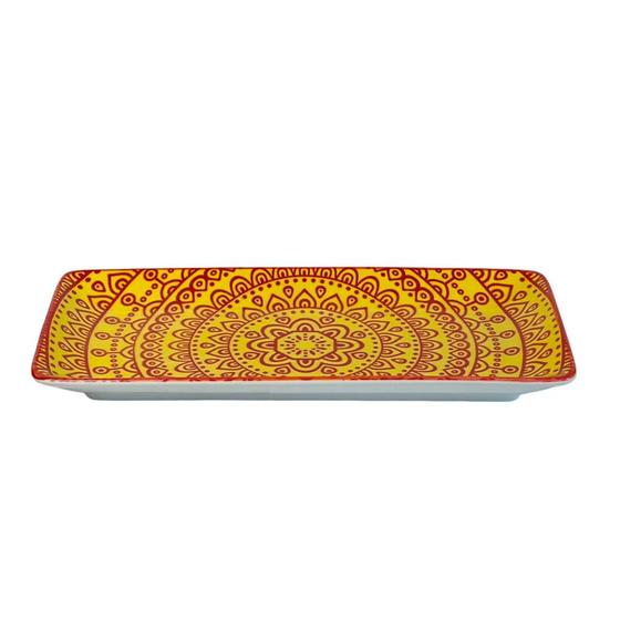 Imagem de Travessa Retangular Cerâmica Mandala Amarelo e Vermelho 25cm