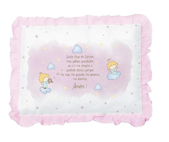 Imagem de Travesseiro Bebê Oração Anjo da Guarda com Babado Rosa Papi