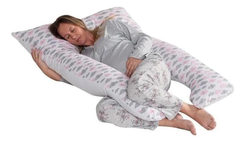 Imagem de Travesseiro Que Abraça Formato U Tamanho Grande Grávida Gestante Estampado Nuvem Rosa 1,30 Metros De Silicone