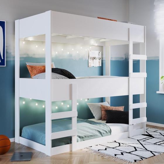 Imagem de Treliche Cama 3 Níveis Com Escada 183 cm Sem Colchão Sem Cabeceira Quarto Branco