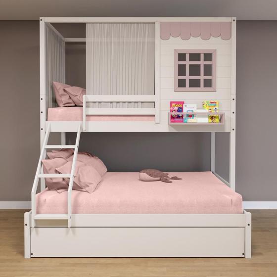 Imagem de Treliche Casinha Reta Casal/ Solteiro com Cortina Madeira Maciça Branco/ Rosa Housin