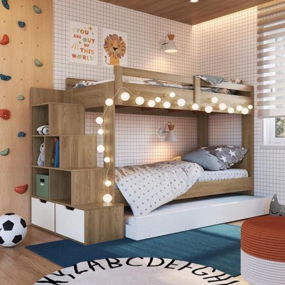 Imagem de Treliche Infantil com Cama Auxiliar 3 Colchões Aveiro Oak/Branco