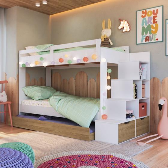 Imagem de Treliche Infantil com Cama Auxiliar Escada Nichos e Gavetas Laterais