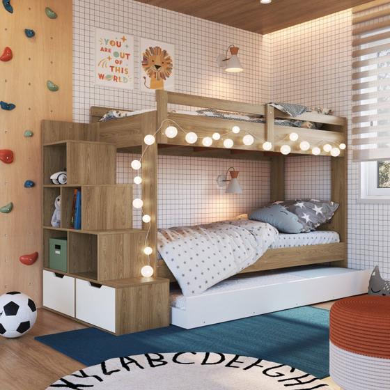 Imagem de Treliche Infantil com Cama Auxiliar Escada Nichos e Gavetas Laterais