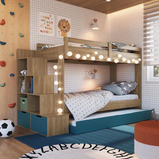 Imagem de Treliche Infantil com Cama Auxiliar Escada Nichos e Gavetas Laterais