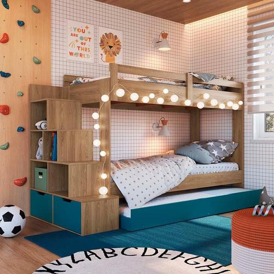 Imagem de Treliche Infantil Solteiro Com Escada E Cama Auxiliar Aveiro OAK Azul Dermott Completa Móveis