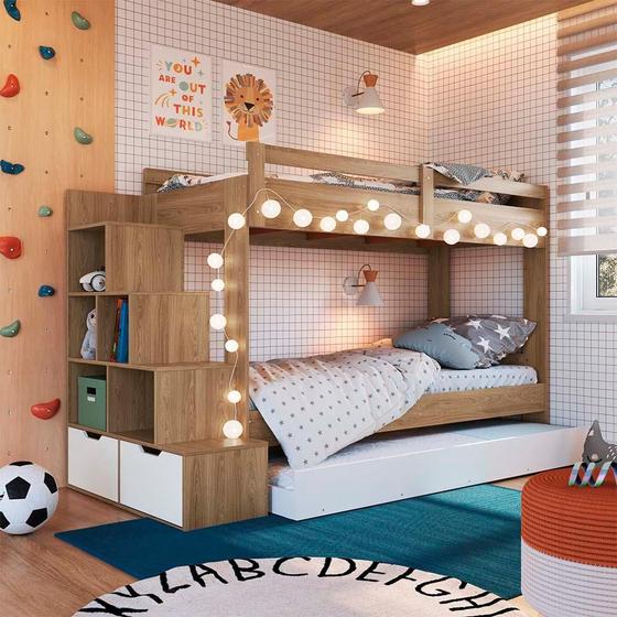 Imagem de Treliche Infantil Solteiro Com Escada E Cama Auxiliar Aveiro OAK Branco Dermott Completa Móveis