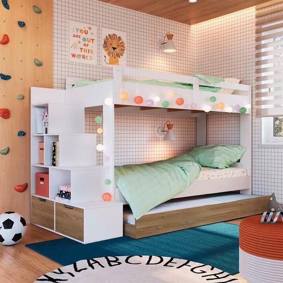 Imagem de Treliche Infantil Solteiro Com Escada E Cama Auxiliar Branco Aveiro OAK Dermott Completa Móveis