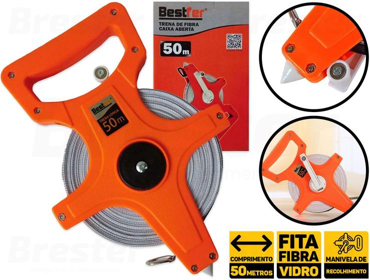 Imagem de Trena Longa Caixa Aberta 50 Metros X 19 Mm Fita Fibra De Vidro Com Manivela Bestfer BFH1460