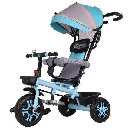 Imagem de Triciclo Infantil 2x1 com Capota Azul e Haste para Empurrar