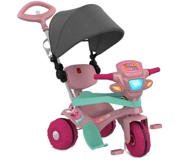 Imagem de Triciclo Infantil com Capota - Passeio e Pedal - Rosa - Bandeirante + estojo Branc neve