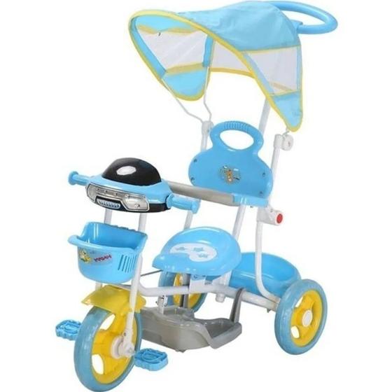 Imagem de Triciclo Infantil Empurrador Passeio Motoca Cobertura Azul