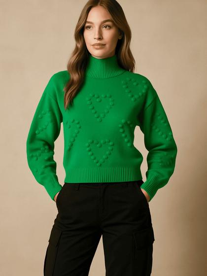 Imagem de Tricot feminino manga longa gola alta detalhe coração lâ moda inverno blusa de frio quentinha punho
