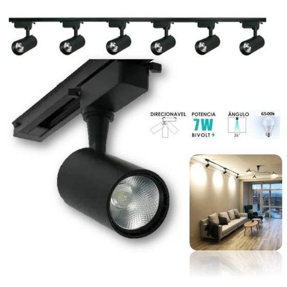 Imagem de Trilho Eletrificado 2 Metros Preto Com 6 Spots Led 12W 6500K