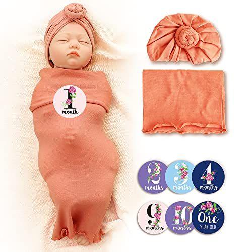Imagem de Trilly Baby Swaddle Cobertor Set com turbante do bebê (Coral Pink), 12 adesivos Milestone para meninas - Recém-nascido Swaddle Sacks Baby wrap Swaddle cobertores Baby Girl